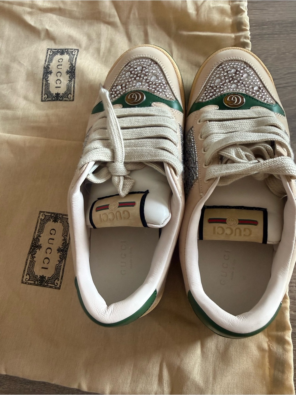Gucci Beige Leather & Green Crystal-Embellished Women’s Sneakers - Picture 3 of 4
